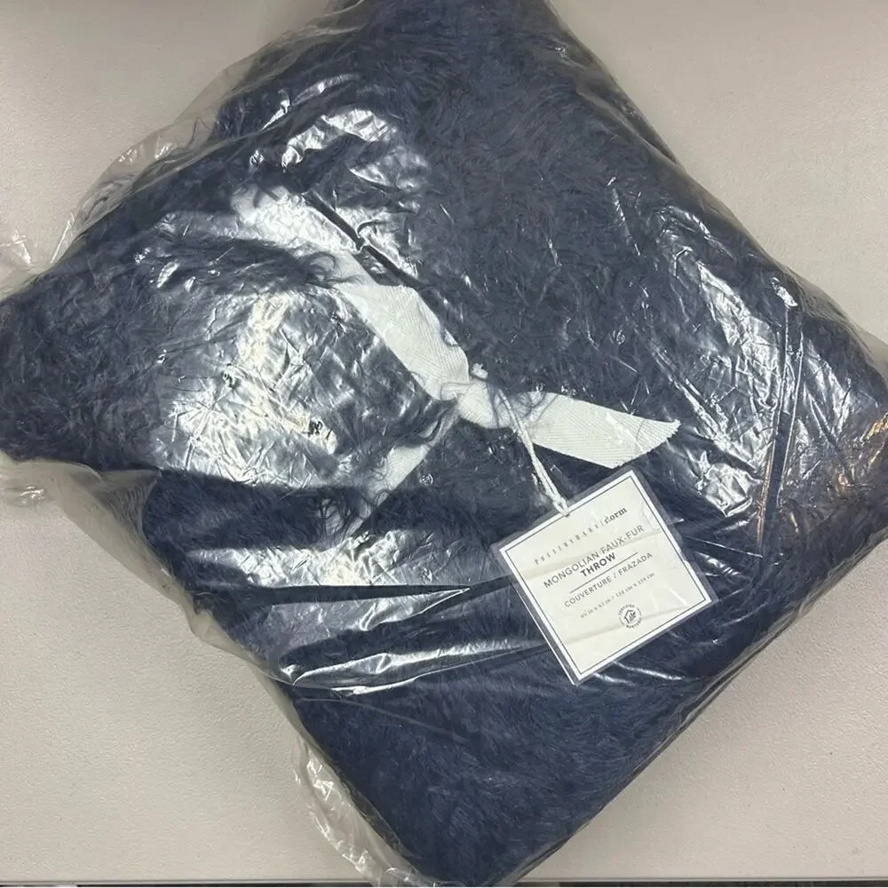 Pottery Barn Faux Mongolian Fur Throw Blanket Plush Blue 45